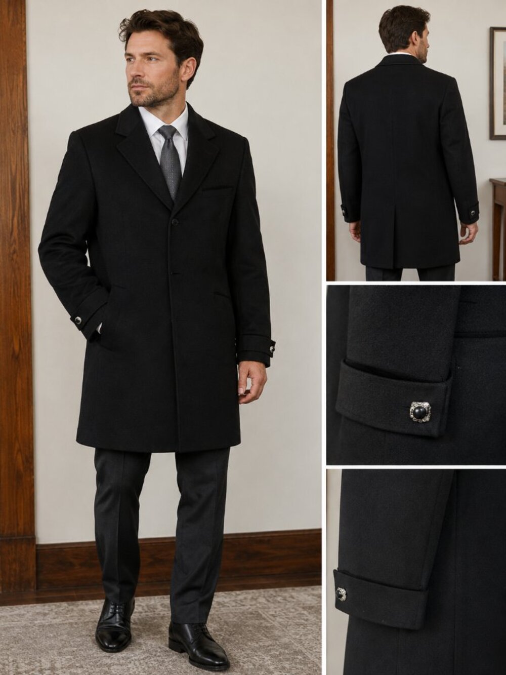 Men’s Black Falcone Overcoat Dress Coat w/ Notched Lapel Decorative Cuff Buttons